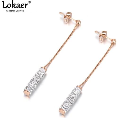 Lokaer Fashion Cylinder Crystals Inlayed Stainless Steel Earrings Rose Gold Color Jewelry Anniversary Gift For Women Lady E18106
