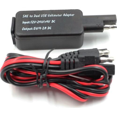 Waterproof Motorcycle SAE to USB Cable Adaptor Cable Dual USB Fast Charger with Voltmeter Fit for Cell Phone Tablet GPS