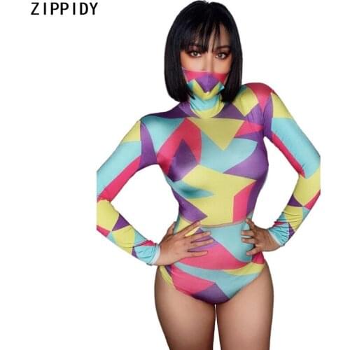 Multi-color Triangle Pattern Long Sleeve Bodysuit Prom Women Singer Dance Show Wear Bar Birthday Festival Outfit