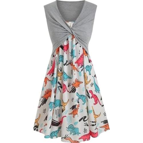 Fashion Women Sleeveless Dinosaur Print Large Hem Dress Solid Color Vest Two Pieces Outfit for Party haut femme