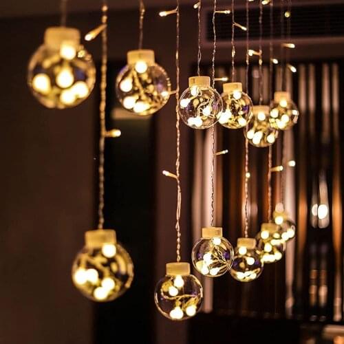 LED Curtain Lamp Glass Ball Hanging String Light Fairy Lantern Lamp Garden Yard Art Home Indoor Wedding Festival Decoration 1set