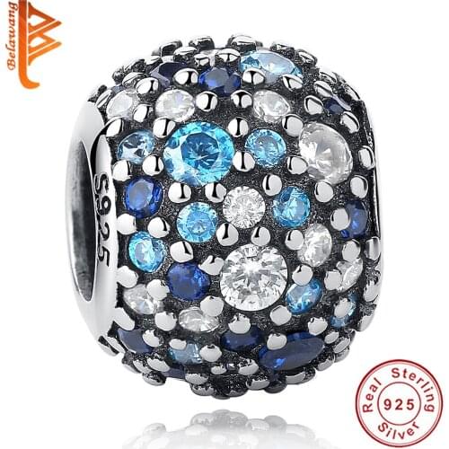 BELAWANG Real 925 sterling silver charm Blue White Crystal Colourful Round beads Fit Original Charms Bracelet Jewelry