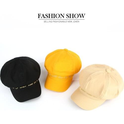 Autumn And Winter New Womens Art Octagonal Hat Korean Version Of Solid Color Letters Wild Student Short Brim Beret