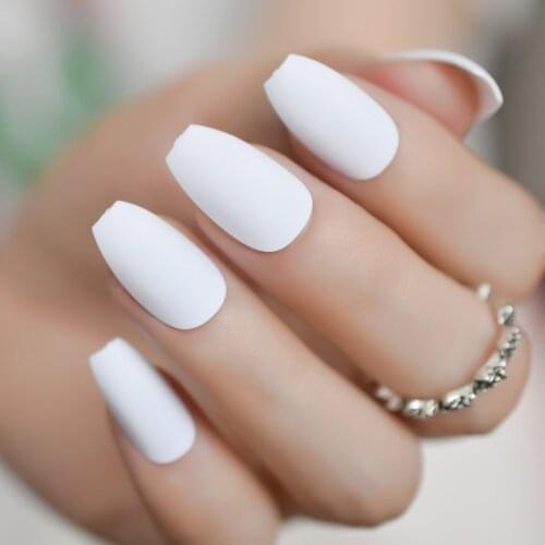 Pure White Matte Frosted Coffin Ballerina Press on Easy Wear Women Fake False Fake Nails for Home Office with Adhesive Tape