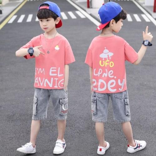 Baby Boy Clothing Set Kids Cute Summer Suit UFO T-Shirt Denim Shorts Cartoon Children Outwear 3 4 5 6 7 8 9 10 11 12 13 14 Years