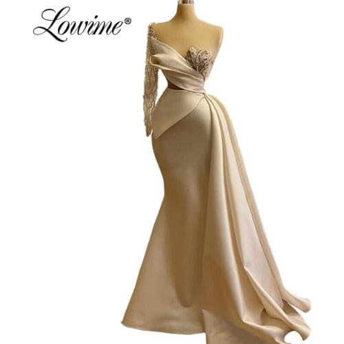 One Shoulder Long Mermaid Party Dress 2020 Custom Beading Champagne Formal Evening Gowns Dubai Women Illusion Arabic Prom Dress