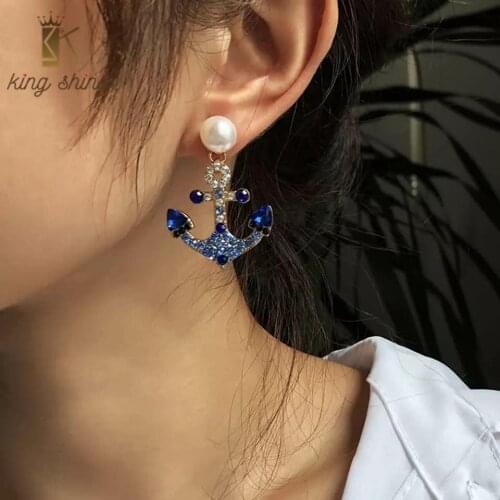 Elegant Shiny Color Crystal Anchor Dangle Earrings Vintage Simulated Pearl Statement Drop Earrings Female Party Jewelry Brincos