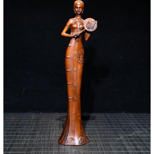 8"China Lucky Old Boxwood Hand-carved Cheongsam beauty woman Take a fan Triumphantly Office Ornaments Town House Exorcism