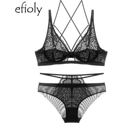 EFIOLY Sexy Women Bra Set Ultra-thin Lace Underwear Set With Steel Ring Gathered Female Women Lingerie Cross Strap Backle