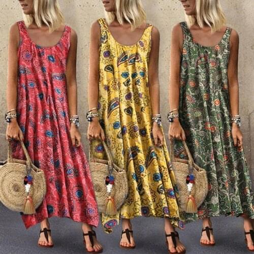 Summer Fashion Bohemia Chiffon Print O Neck Vest Womens Dress 2021 Casual Sleeveless Loose Long Skirt Lady Dress Plus Size 5XL
