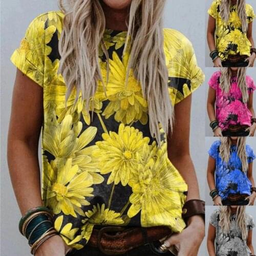 New chrysanthemum· pattern T-shirt For Women Casual Summer Tops 2021 New O-Neck Short Sleeve Loose Tshirt Woman Clothes M-3XL