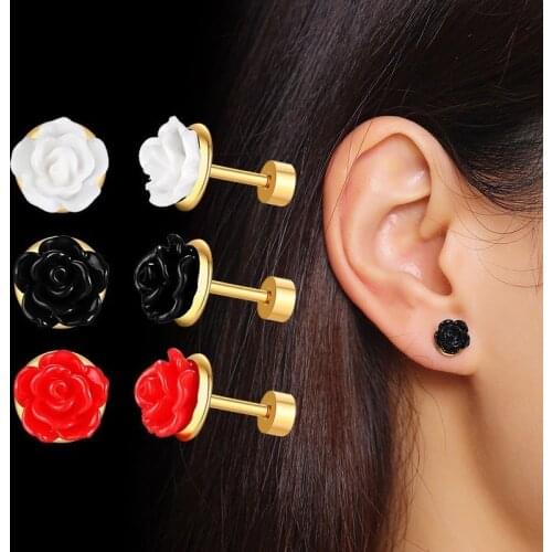 Charm Stud Womens Red Rose Earrings Colourful 3D Carved Girls Lady Wedding Prom Stainless Steel Flower Earrings