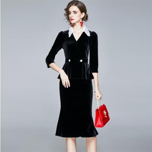 Autumn Winter Velvet 2 Piece Set Women High Quality Vintage Two Piece Skirt Sets Ladies Designer Office Outfist