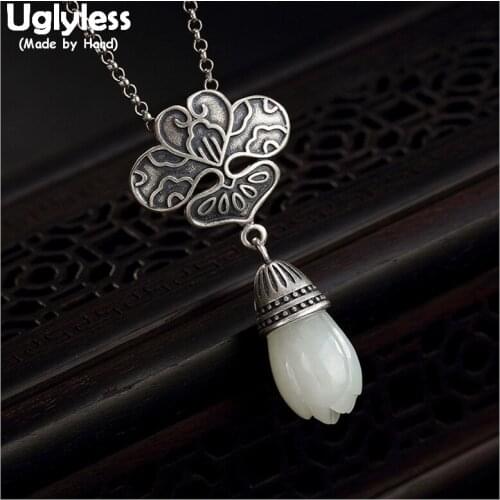 Uglyless 100% Real 925 Sterling Silver Handmade Totem Patterns Thai Silver Medal Pendants With Chain Retro Jade Flower Necklaces
