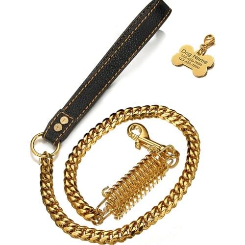 15MM Strong Stainless Steel Dog Harness 3Ft/4Ft Dog Chain Leash With Spring Leather Handle For Large Medium Small Dog Collar