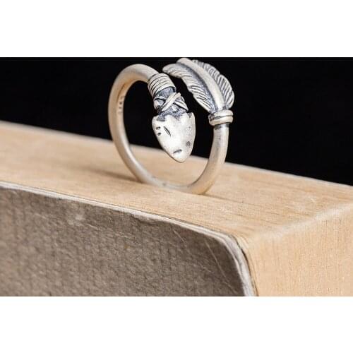Retro 100% 925 Sterling Silver Ring Indian Feathers Arrow Design Opening Men And Women Thai silver Rings