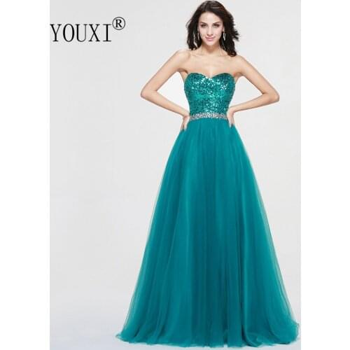 Sexy Sweetheart Long Prom Dresses 2019 Hot Green Tulle Sequins Crystal Formal Evening Gowns
