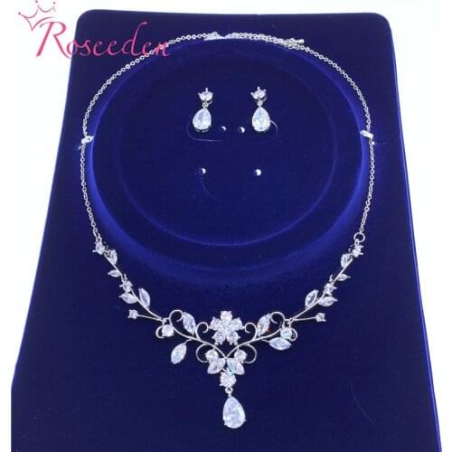 Floral Cubic Zirconia Teardrop CZ Wedding Bridal Necklace and Earring Jewelry Set For Girls Party RE3692