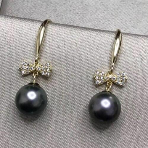 Gorgeous a pair of 10-11mm tahitian round black green pearl earring 18k