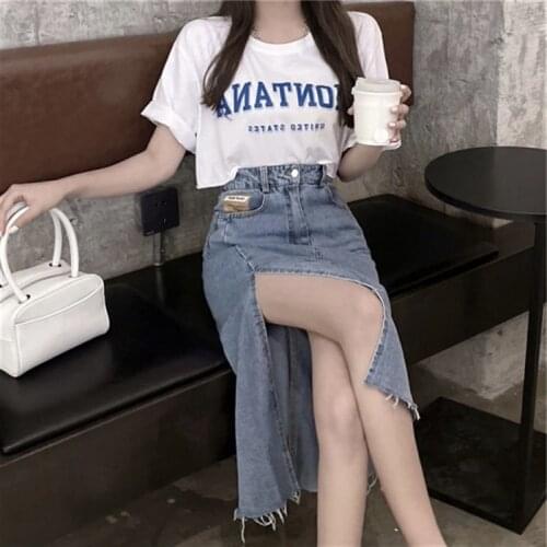 021 A-Line Denim Skirt Long Straight Skirts Womens Summer Blue Vintage Holo Skirt Jeans Women Denim Skirts with Belt