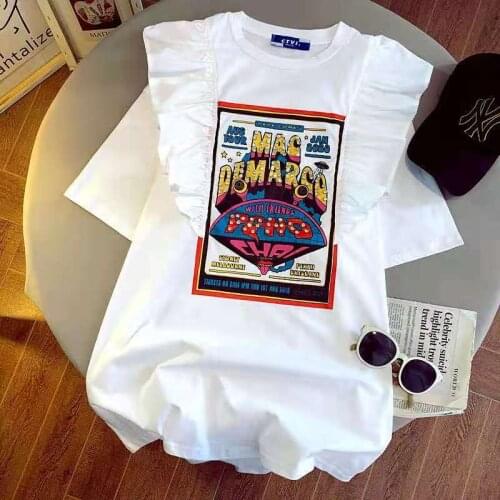 Ruffle Stitching White Letter Print Graphic Tee Women Short Sleeve O Neck Oversized T Shirt Elegant Lady Cute Tshirt Summer 2021