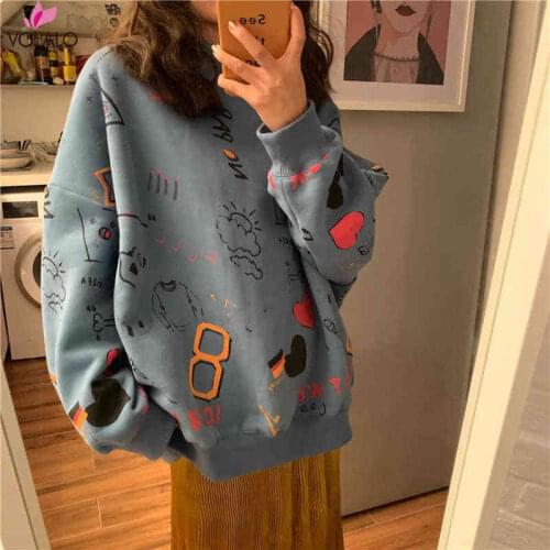 Print Oversize Autumn New Korean Fashion Womens Clothing Harajuku Style Ulzzang Loose Long Sleeve Hoodies Sweatshirts