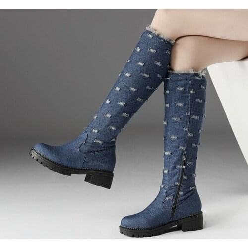 Plus Size 34-52 Round Toe Jeans Boots demin knee boots Woman med thick heel Warm winter long Boots Female Shoes ladies boots