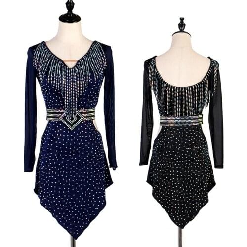 Latin Dance Dresses Women Elegant Long Sleeve Practice Costume Diamond Fringe Dresses Lady Latin Performance Clothing DQL2223