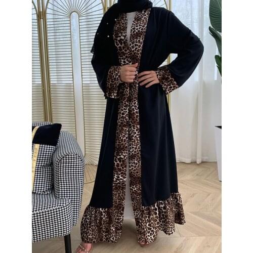 Womens Leopard Splicing Fashion Abaya Kimono Cardigan Robe muslim fashion muslim fashion abaya turkey muslim sets