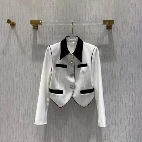 Cosmicchic 2021 Early Autumn Women Blazer Single Breasted Diamonds Buttons Color Patchwork White / Black Jacket Runway Designer