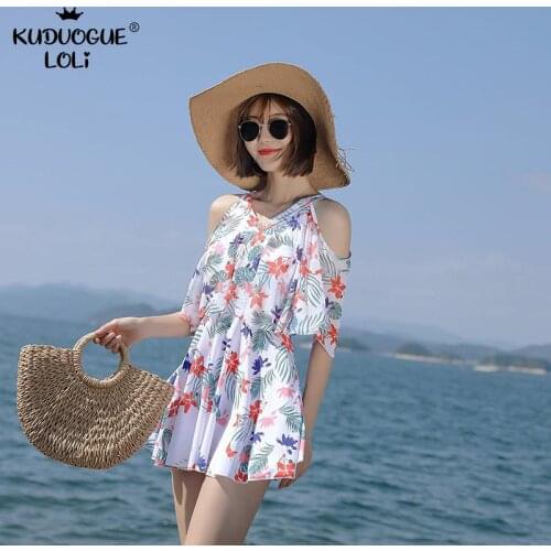Flounce V Neckline Womens Split Swimsuit Korean Style Sweet Swimwear Boxer Shorts Beach Backless Two Piece Set Summer Plus Size