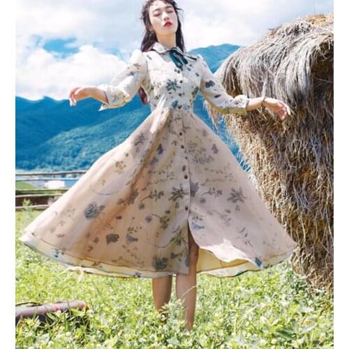 High Quality 2019 Spring New Arrival Elegant Peter Pan Collar Flower Printed Woman Ou Gensha Long Dress
