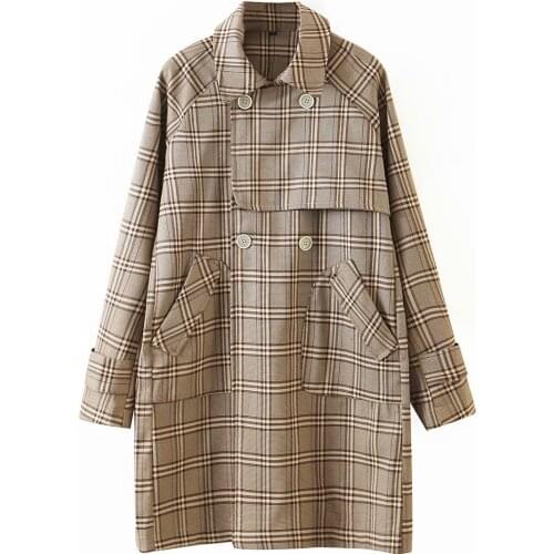 High-quality Spring and Autumn Womens Double-breasted Checkered Loose Coat Trench Type Packets