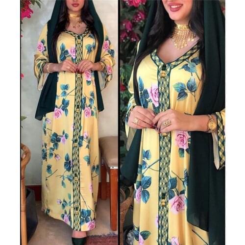Dubai Arab Ethnic Muslim Abaya Maxi Dress for Women Fall 2021 Flower Printed Moroccan Kaftan Robe Gown Turkish Islamic Jalabiy