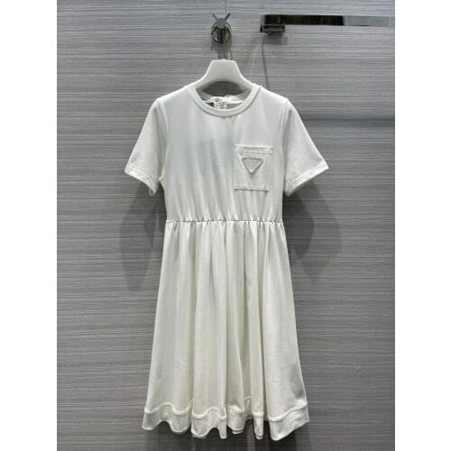 Mini Luxury Brand Cotton for Women 2021 Early Spring Elegant Pleated Dress O-neck High Waist A-line Short Sleeve Dresses