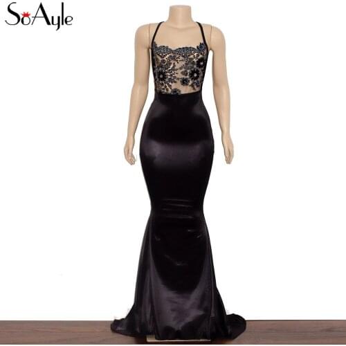 SoAyle Vestidos de festa Spaghetti straps Embroidery Beading Prom Dresses Sleeveless Backless Black Mermaid Evening Dresses H