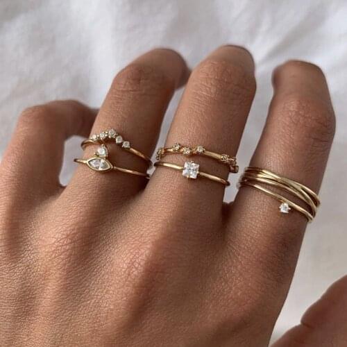 Gold color Retro Knuckle Rings For Women Vintage Geometric full crystal cute Ring Set Party Bohemian Jewelry 5 PCS/Set