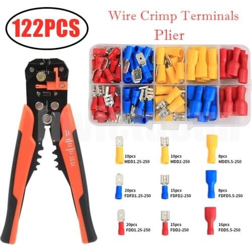 122PCS Spade Male Female Wire Crimp Terminals Fully Insulated Electrical Wire Connector Cable Stripper Crimping Plier Tool Kit