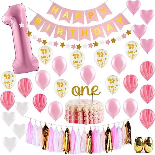 39pcs Pink Confetti Balloons With Birthday Banner For First Birthday Party Decoration