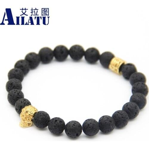 Ailatu Delicate Copper Skeleton Charm Bracelet with Black Lava Stone Beads Men and Womens Elastic Bronze Skull Jewelry