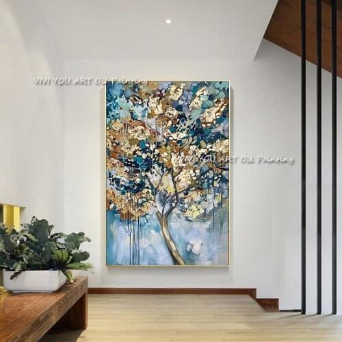 Large Size Gold Foil Abstract Tree 100% Handmade Oil Painting on Canvas Wall Art Colorful Picture For Home Decoration As A Gift