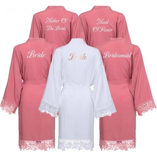 Bride Bridesmaid Robes Rayon Cotton Kimono Robes with Lace Robe Women Wedding Bridal Robe Party Gift Bathrobe Dusty Pink