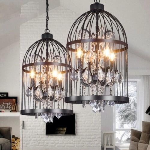 Crystal bird cage LED chandelier wrought iron American retro restaurant bar creative bar clothing store industrial wind lamps
