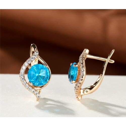 Dainty Gold Color Wedding Earrings Aqua Blue Zircon Round Stone Earrings Female Cute Small Hoop Earrings For Women Party Jewelry