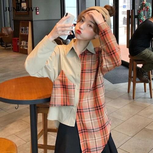 JuneLove New Spring Summer Fashion Blouse Women Patchwork Vintage Plaid Shirt Stylish Casual Blusas Harajuku Femme Loose Tops
