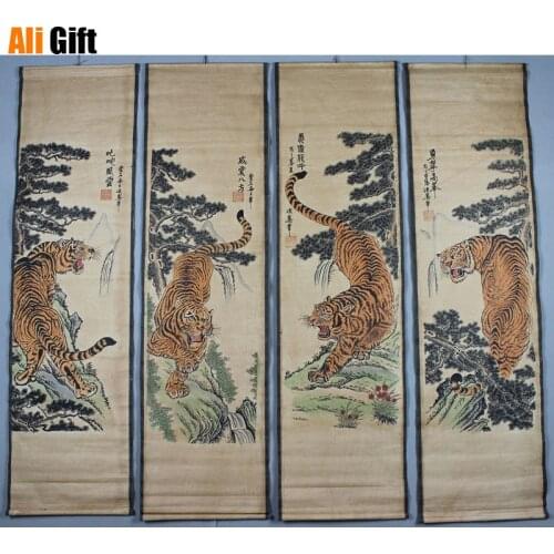 China Old Paper Calligraphy Paintings Scrolls Chinese Poems And Painting Tiger Four Tiger Map