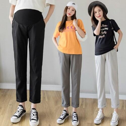 Summer Thin Cool Maternity Straight Pants 9/10 Length Elastic Waist Belly Clothes for Pregnant Women Casual Pregnancy Loose