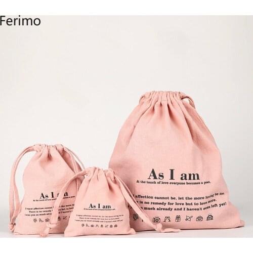 Ferimo 3pcs Cotton and linen drawstring bundle pocket Cosmetic mobile phone packing bags travel storage bag