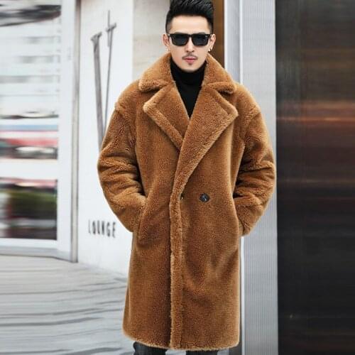 2021 New Autumn Winter Mens Sheep Shearing Long Coats Male Faux Lamb Fur Jackets Men Solid Imitation Fur Trench Overcoats O438