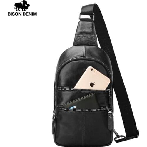 Bison Denim Genuine Leather Chest Bags Mens Shoulder Messenger Bags Male Sling Pack Crossbody Bag Vintage cowhide